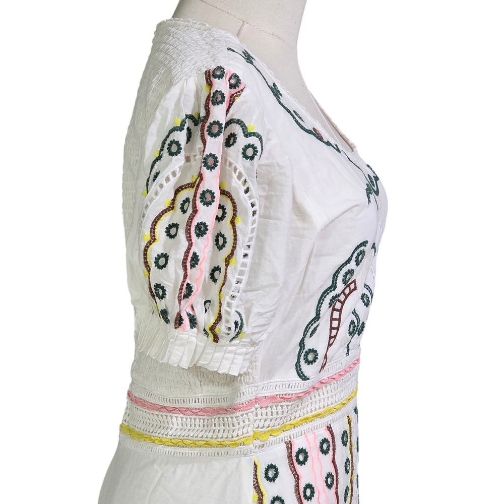 Bohme Embroidered Midi Dress Women S White Eyelet Puff Sleeve Smocked - Picture 12 of 16